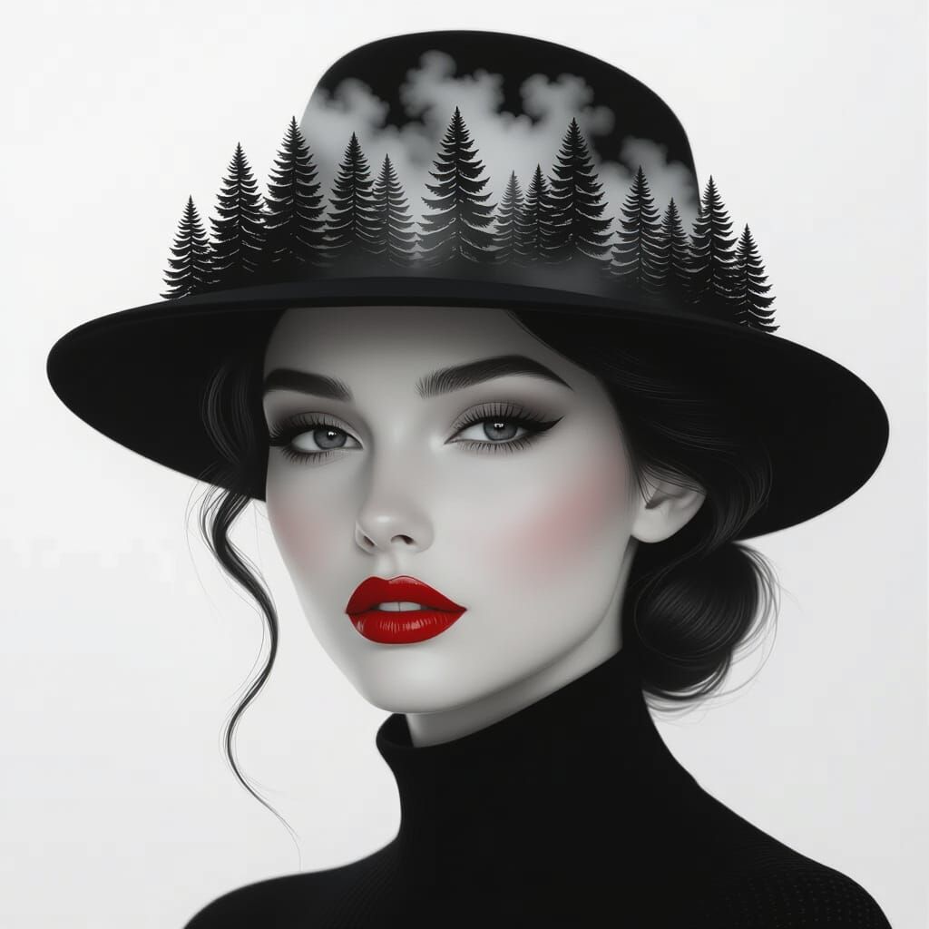 Woman with Miniature Forest Hat in Grayscale