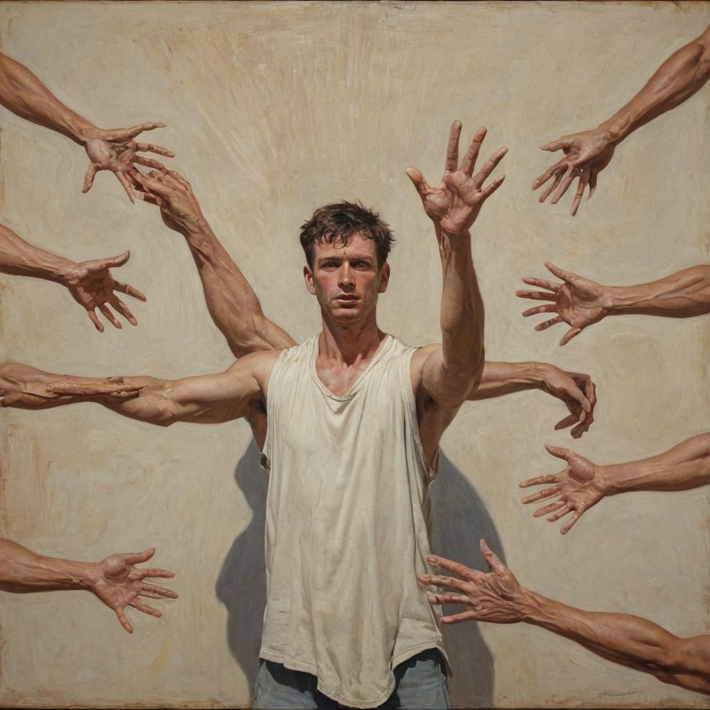 Man with Eight Arms: Oil Painting