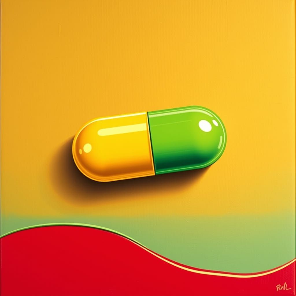 Vibrant Pop Art Prozac Pill Melts on Matte Background