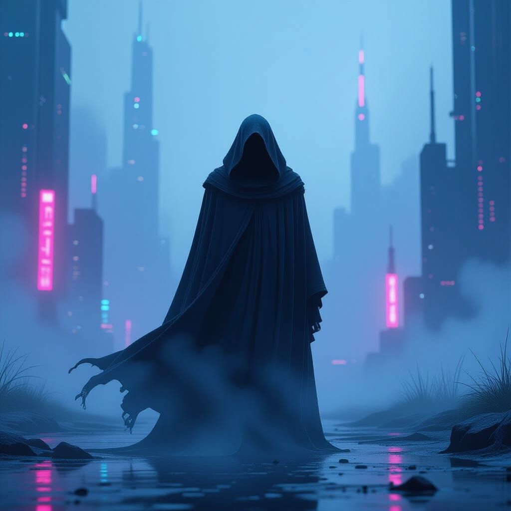 Mysterious Figure in Neon Cityscape