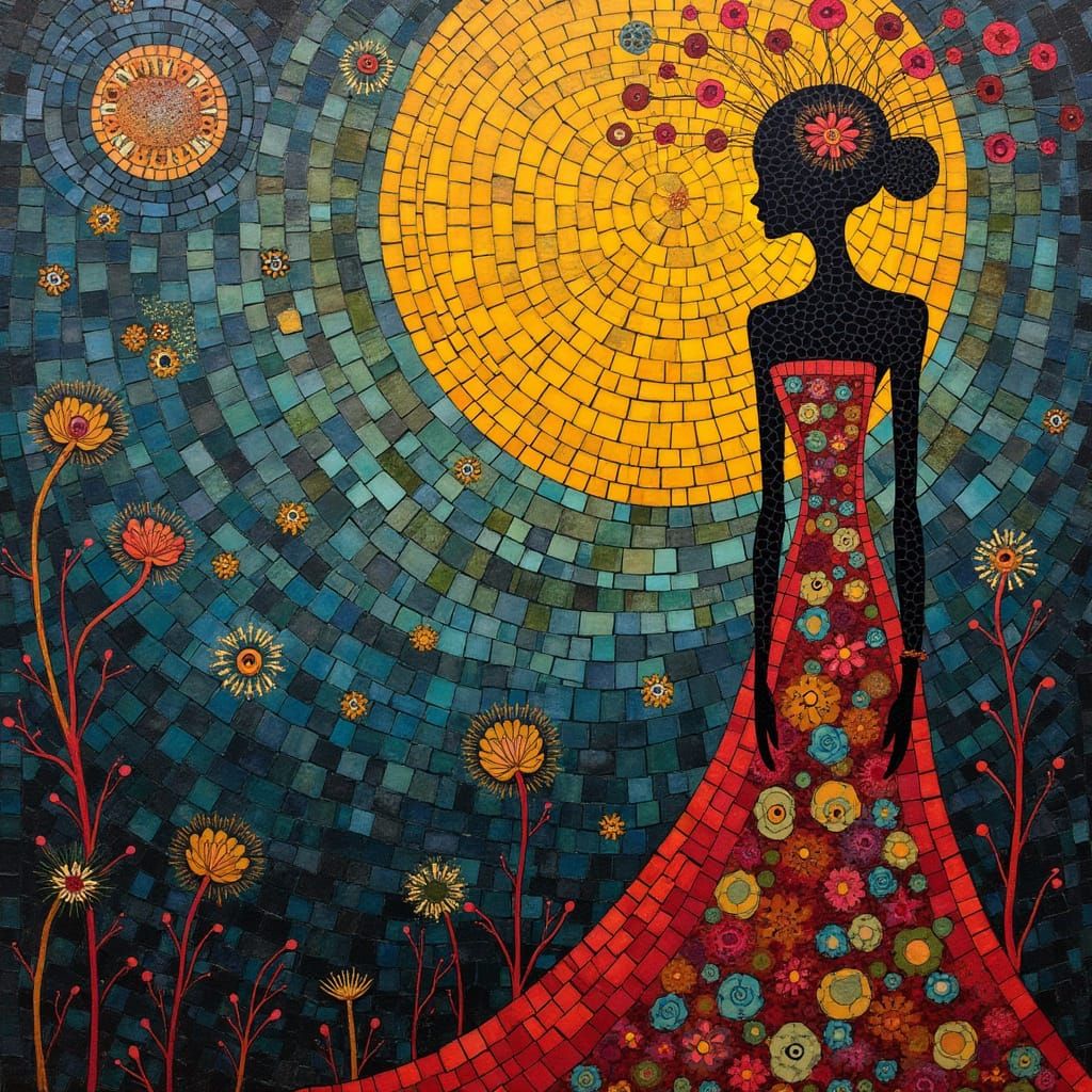 Colorful Abstract Mosaic with Art Nouveau Woman