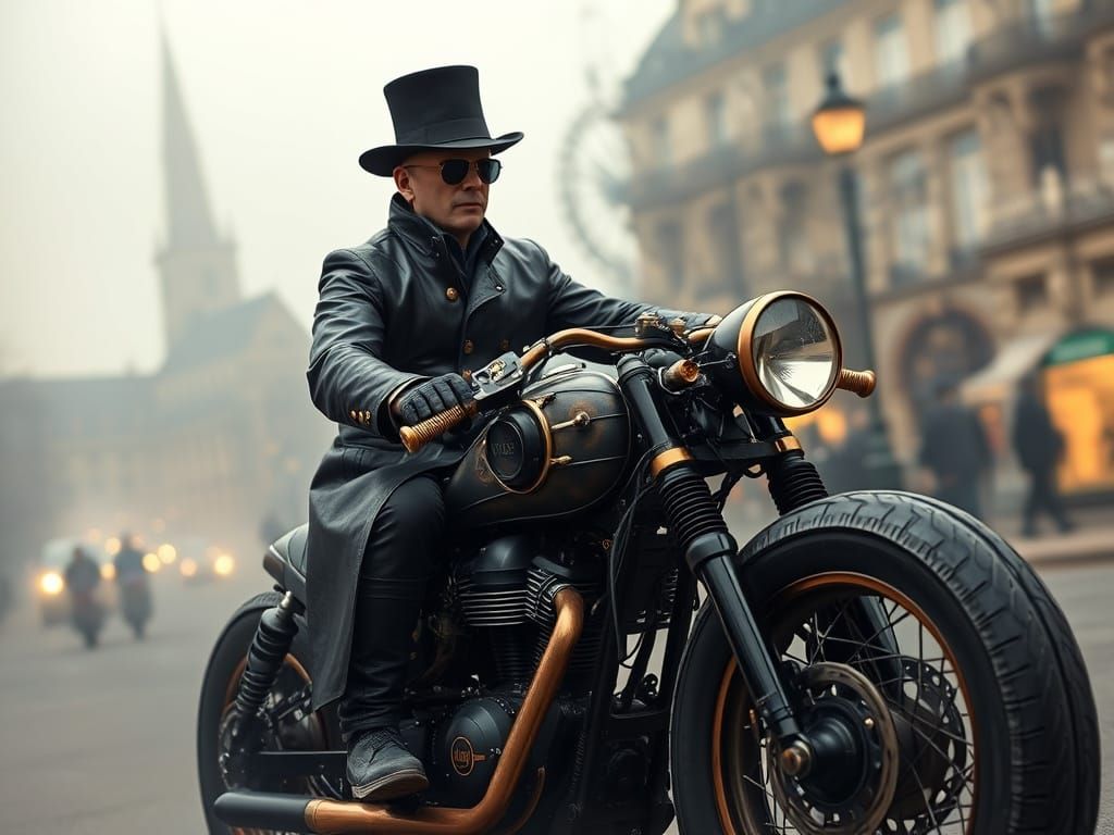Steampunk Rider Cruises Paris Streets with Houses of Parliam...