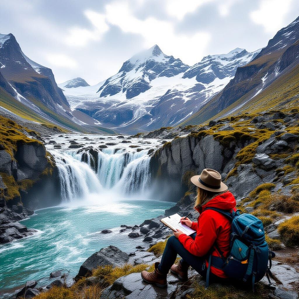 Lone Traveler Sketches Serene Mountain Cascade