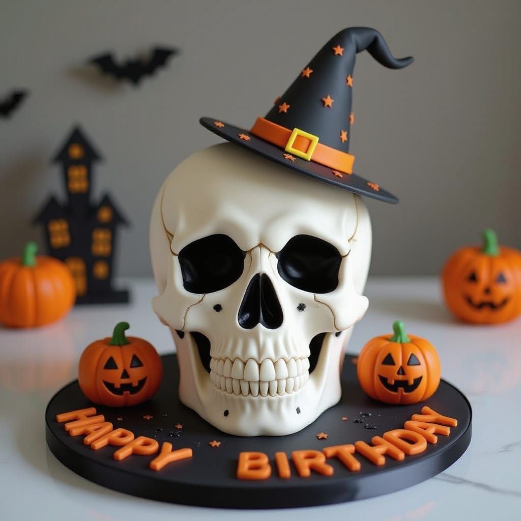 Skull Birthday Cake with Halloween Decor