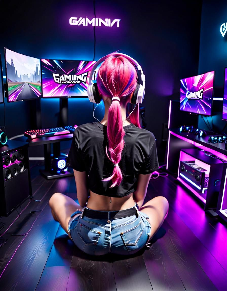 Teen Gamer Immersed in Neon Cyberpunk World