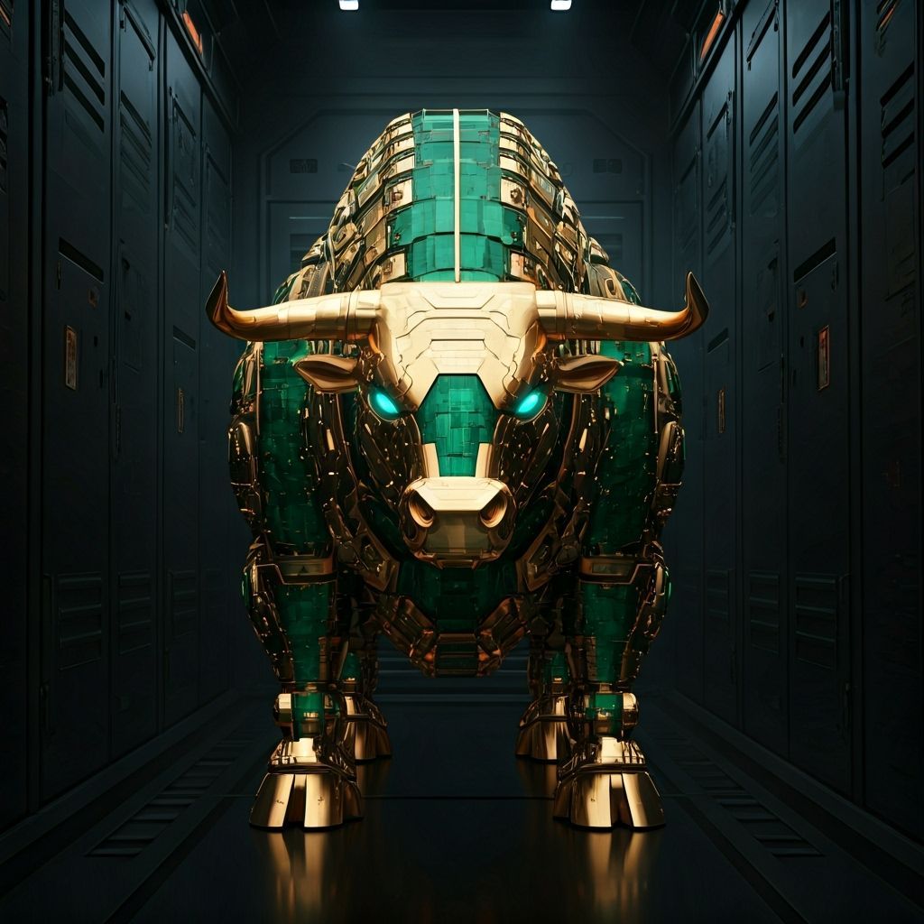 Golden Robotic Bull in Futuristic Storage Locker