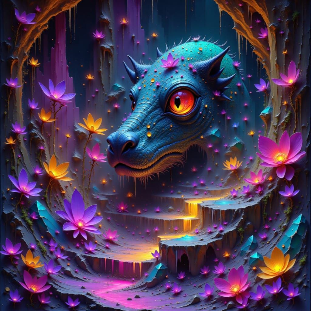 Bioluminescent Crystal Cavern with Dragon and Raptor