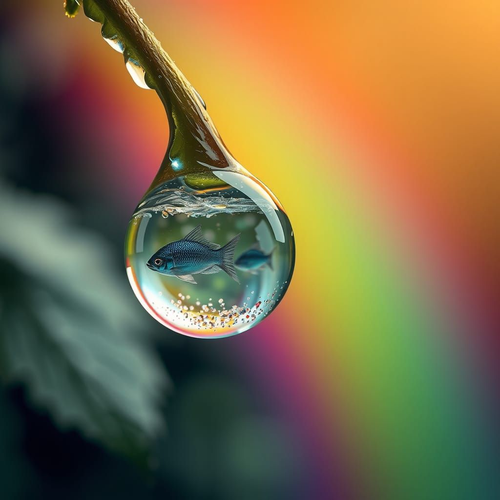 Hyper-Realistic 4K Photograph of a Raindrop with an Underwat...