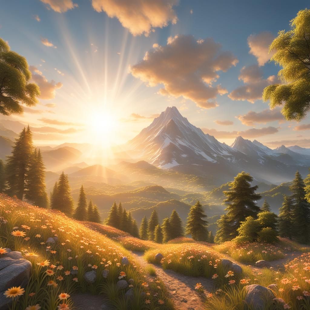 Bright Summer Sunrise Over Mountain in 8K