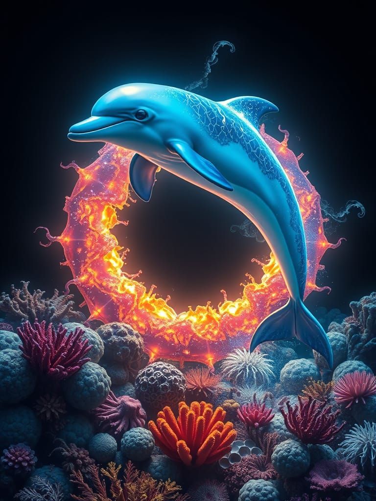 Majestic Dolphin Leaps Through Glowing Coral Ring
