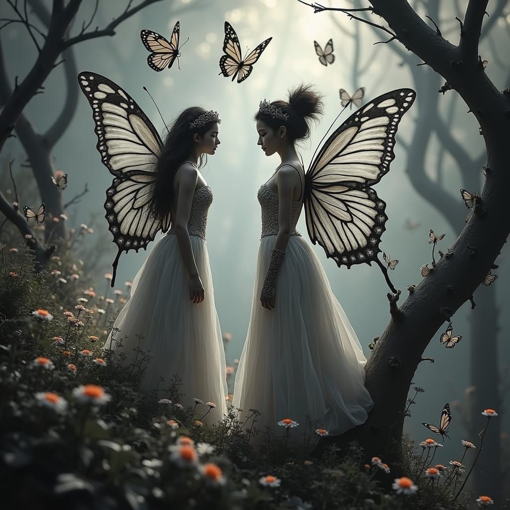 Monochrome Fairies in Ancient Forest Concept Art