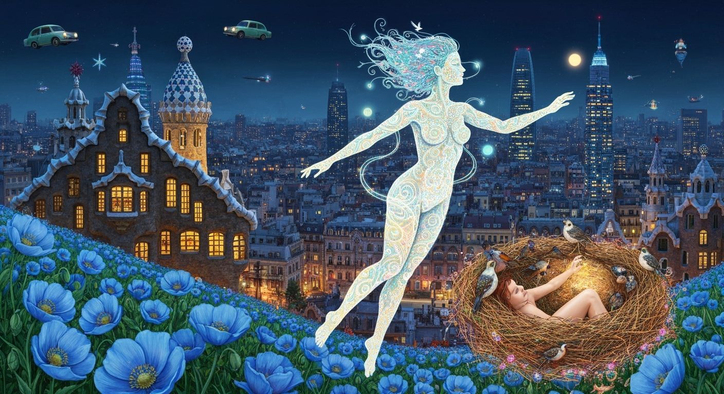 Bioluminescent Figure Above Gaudí Cityscape