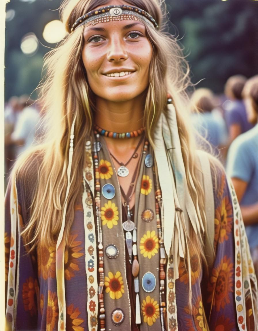 Hippy Woman at Woodstock Festival, Vintage Photo
