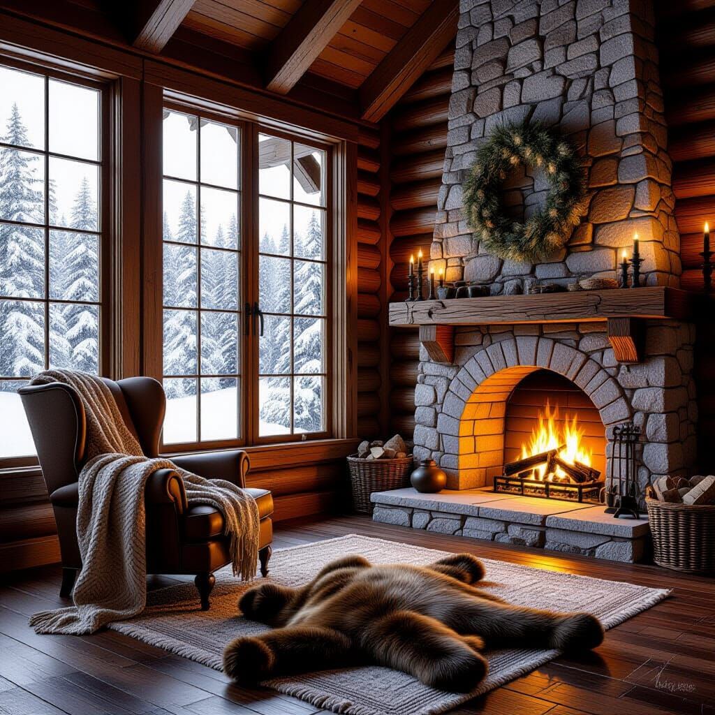 Cozy Lodge Retreat in Snowy Forest, Oil Painting Style