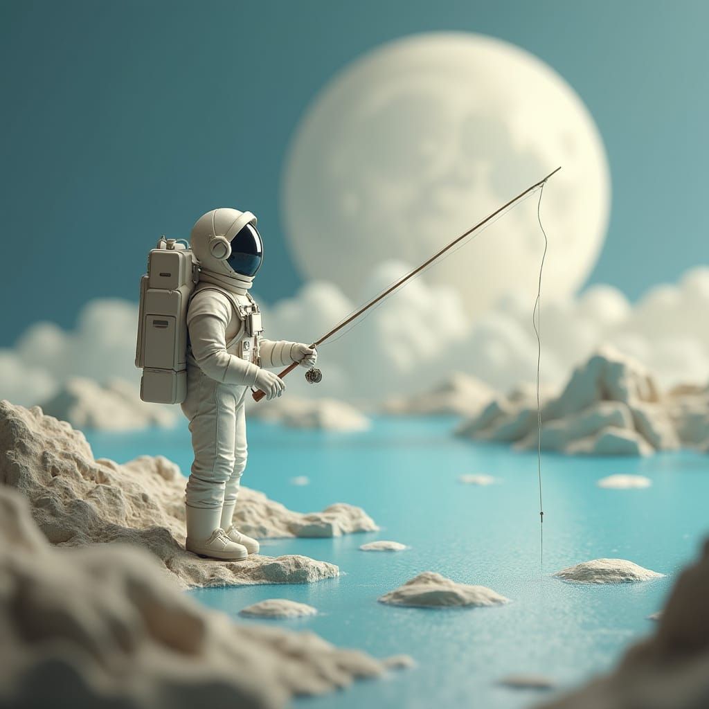 Astronaut Fishing on Origami Moon in Futuristic Style