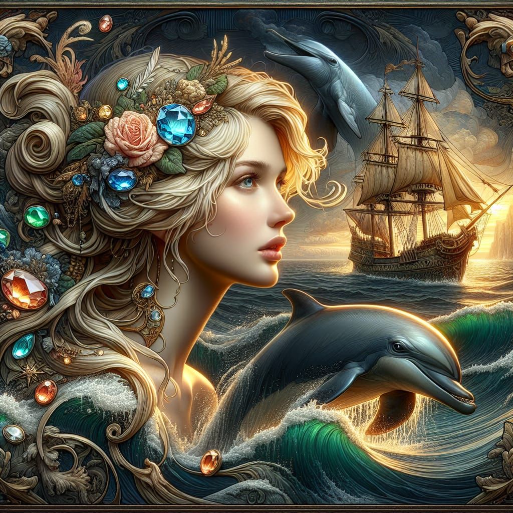 Woman Rides Dolphin in Art Nouveau Seascape