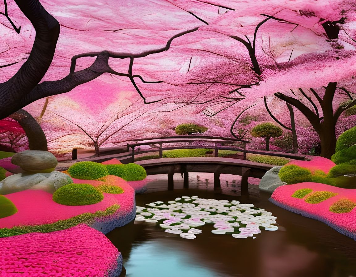 Serene Japanese Garden with Cherry Blossoms