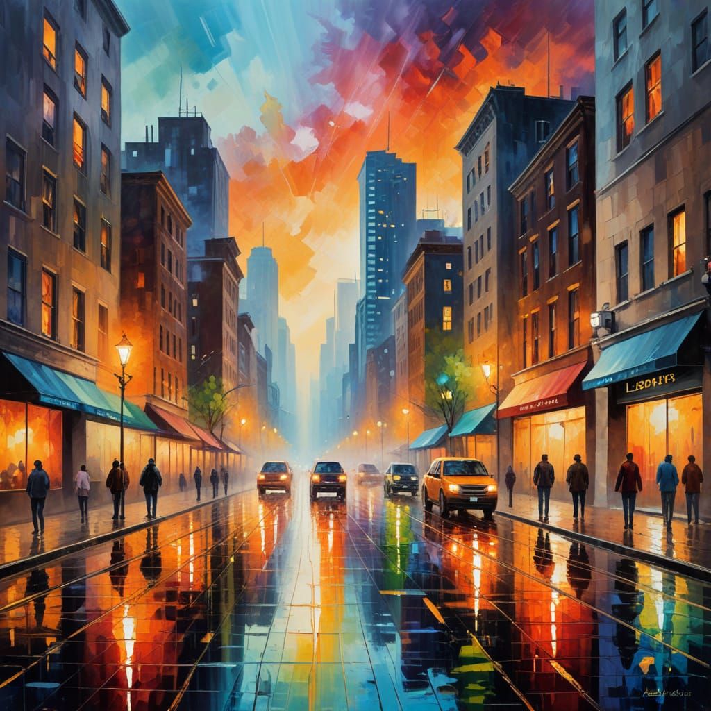 Leonid Afremov style. A bustling city street