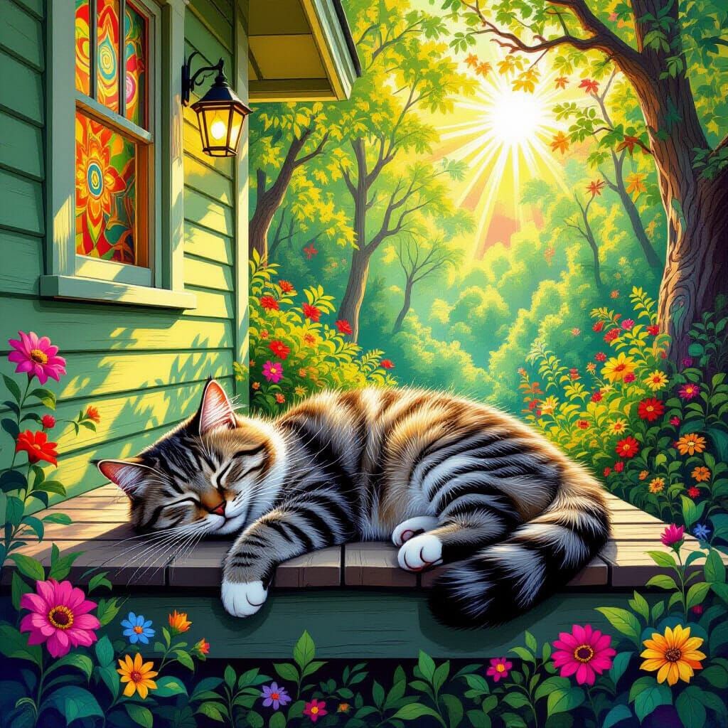 Tabby Cat Nap in Psychedelic Forest