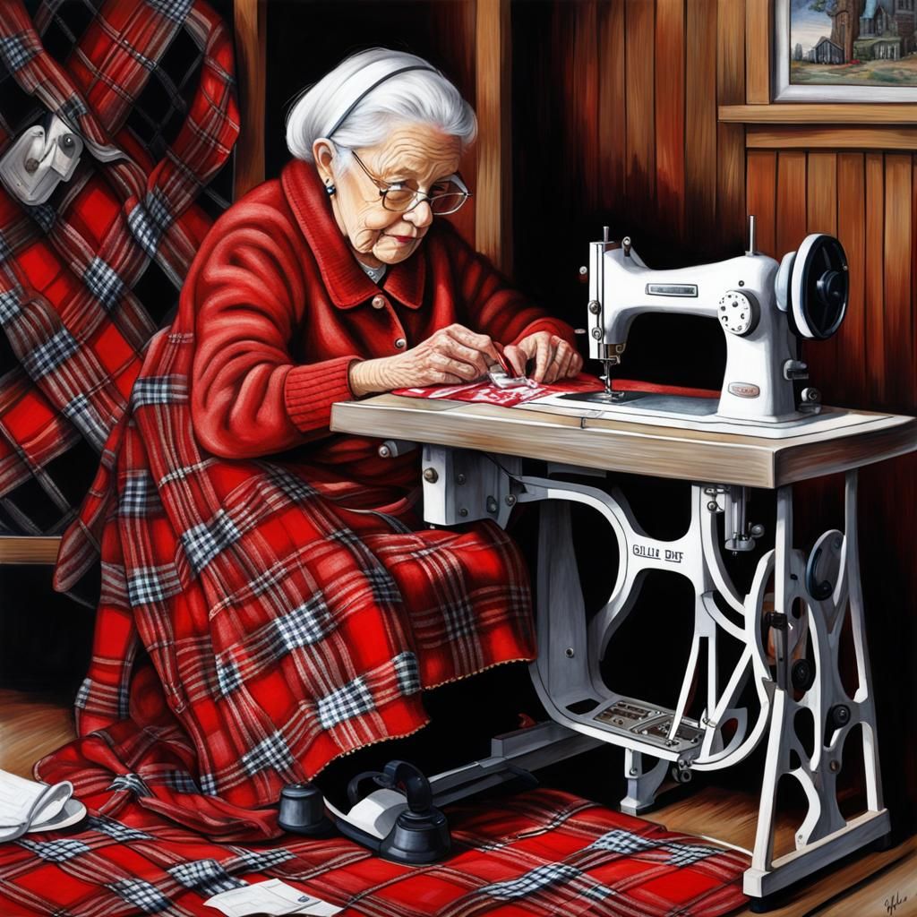 Hyperrealistic Old Woman Sewing Plaid Fabric