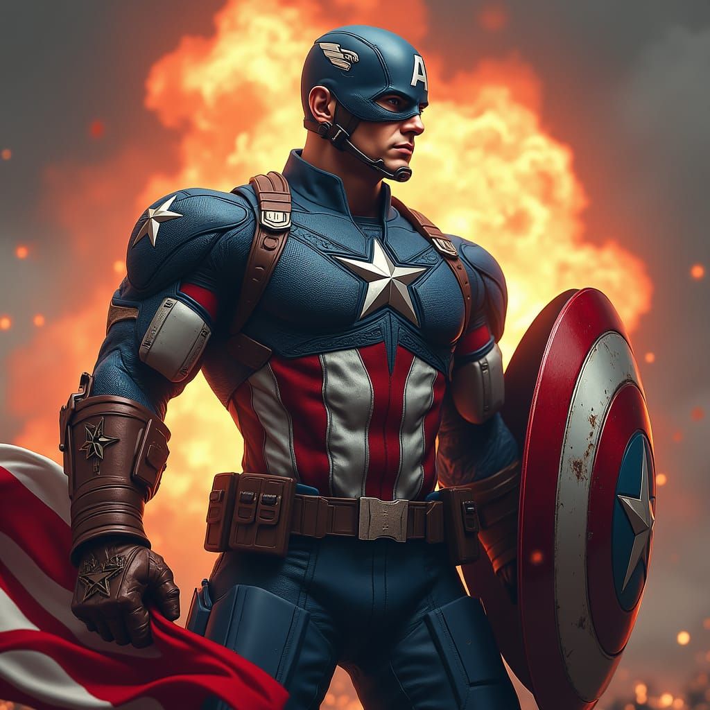 Captain America Portrait with Shield and Flag
