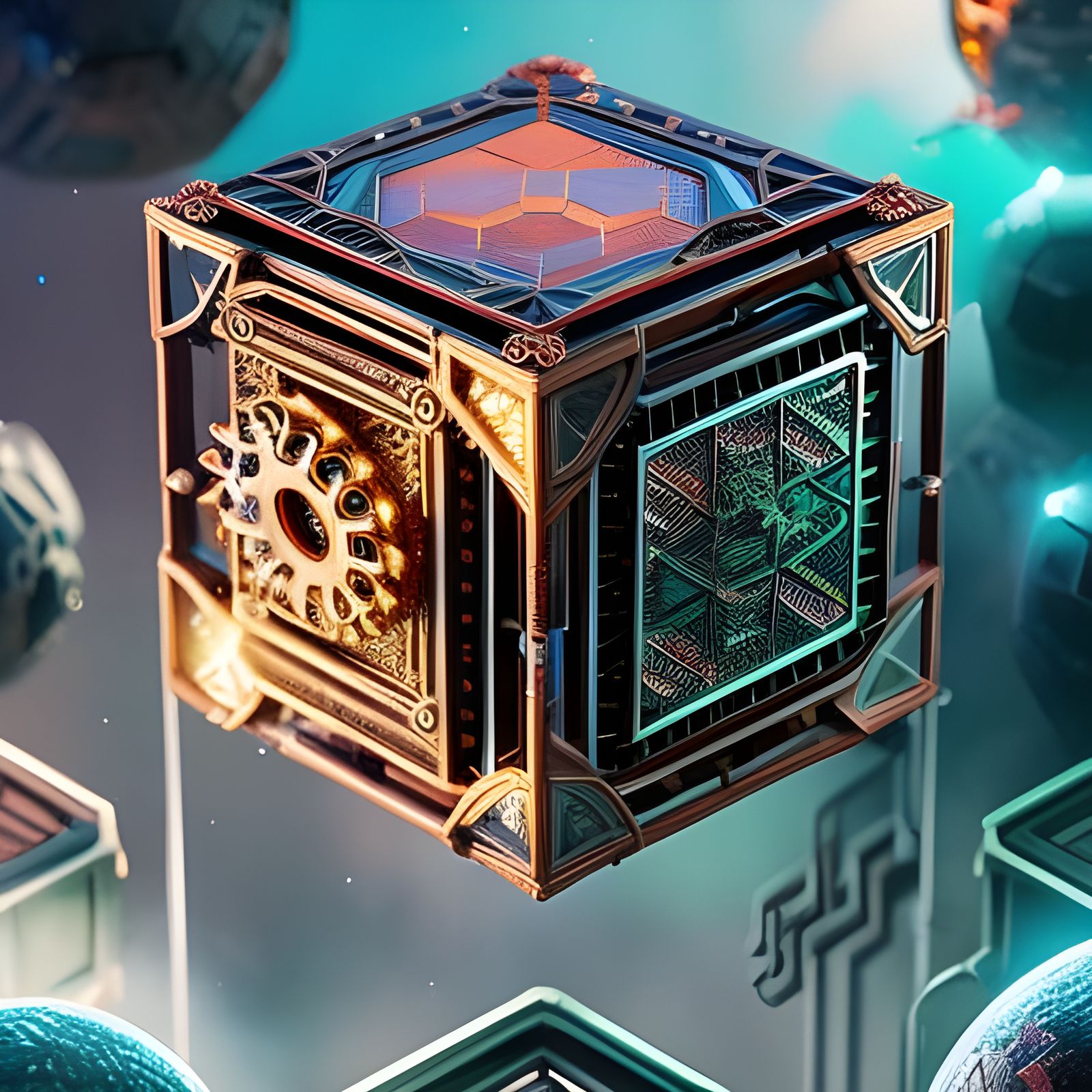 Isometric Mechanical Cube Floating in Space