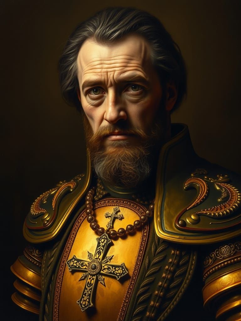 Conquistador in Golden Armor Emerges from Shadows