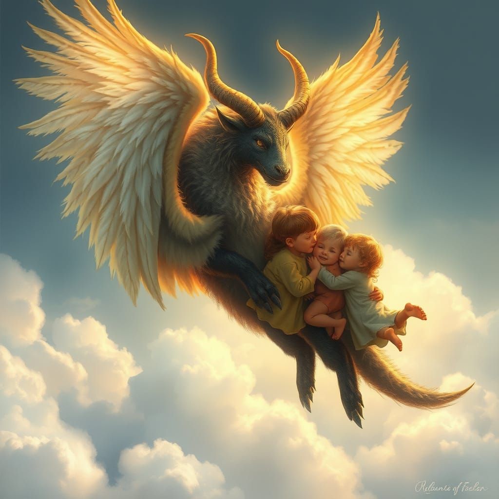 Majestic Sky Beast with Children, Fantasy Art