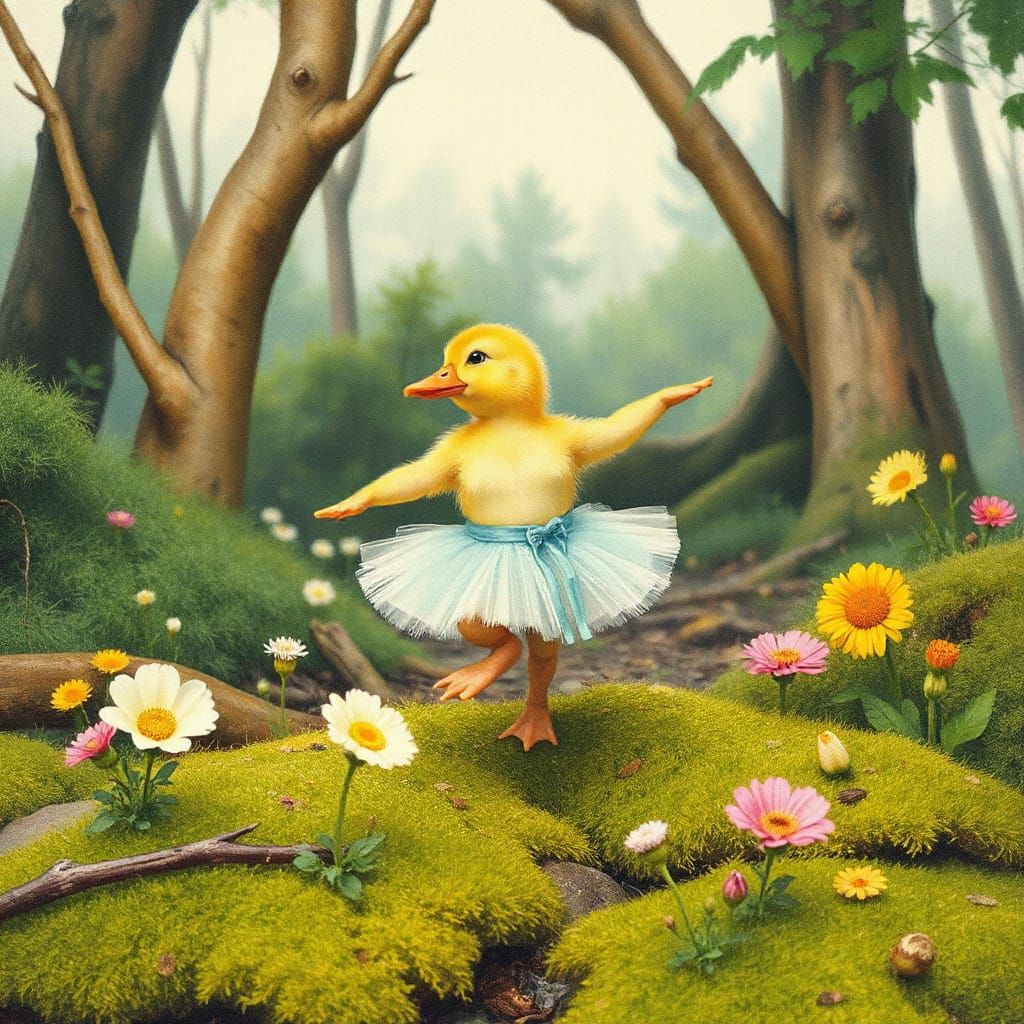 Dancing Duckling in Enchanted Forest, Storybook Illustration