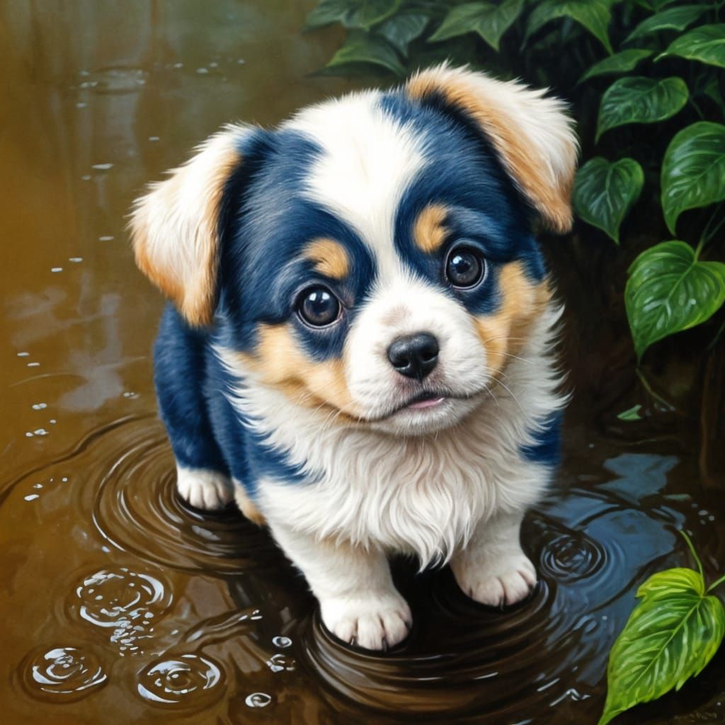 Sad Puppy in Rain: Watercolor Vintage Illustration