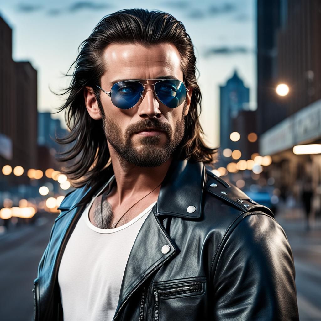 Night Portrait of Man in Leather Jacket as Comic Art