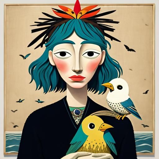 Girl with Bird: A Naive Art Portrait