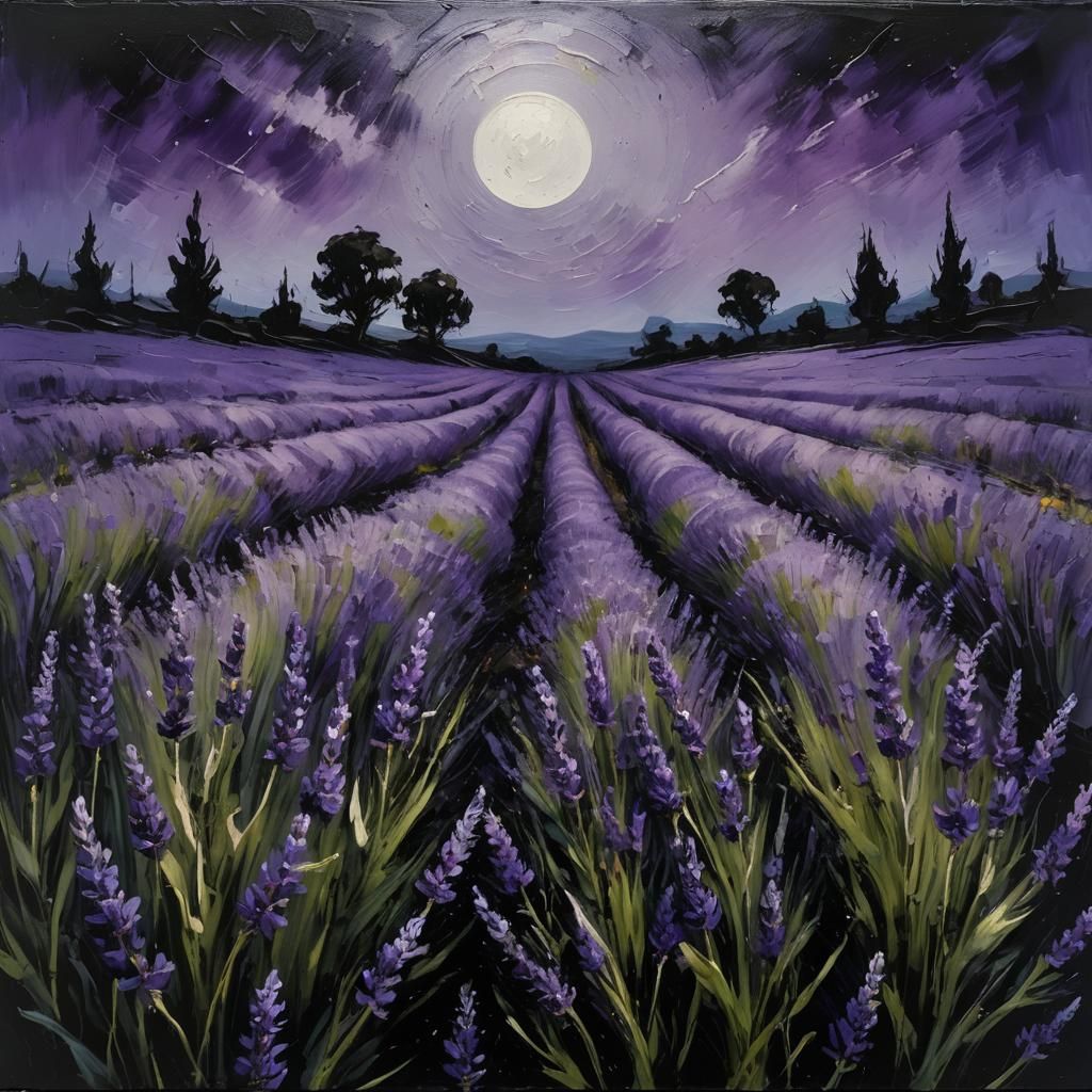 Moonlit Lavender Field in Impasto Oil Painting Style