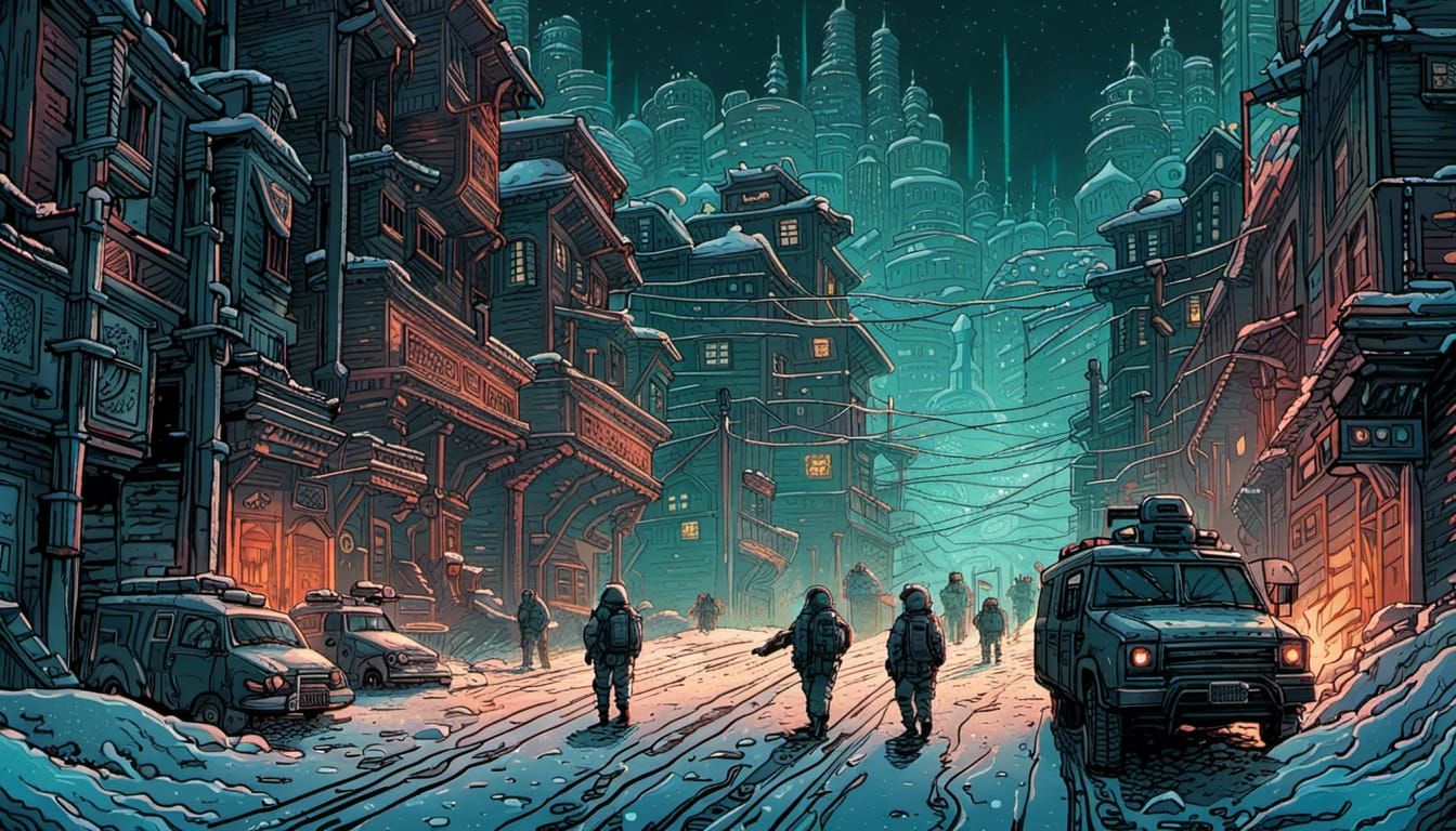Dystopian Military Police Patrol in Snowbound City