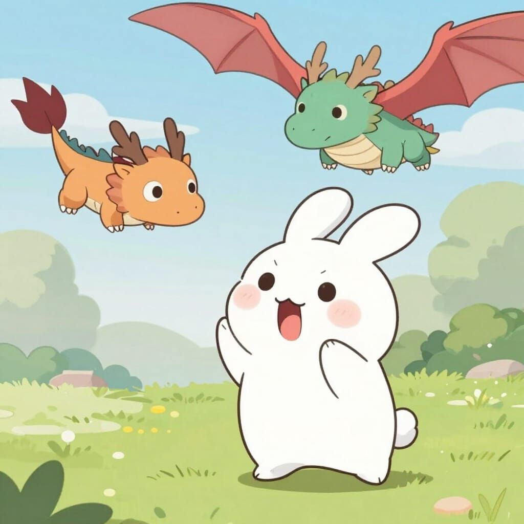 Anime Rabbit Surprised by Flying Dragon