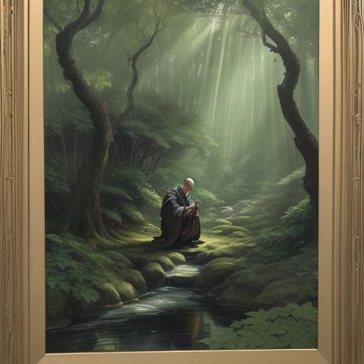 Monk Rescues Wild Boar in Ukiyo-e Style Forest