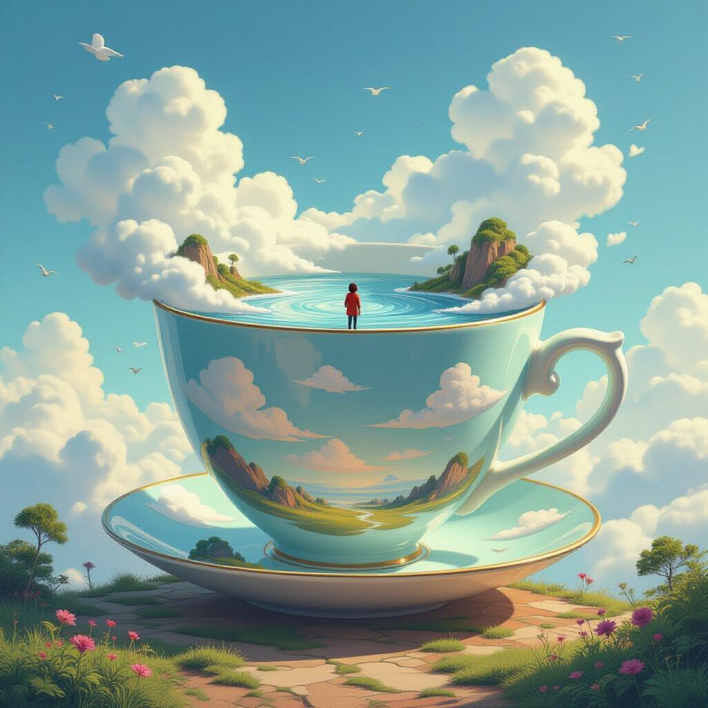 Surreal Floating Teacup Dreamscape with Miniature Worlds