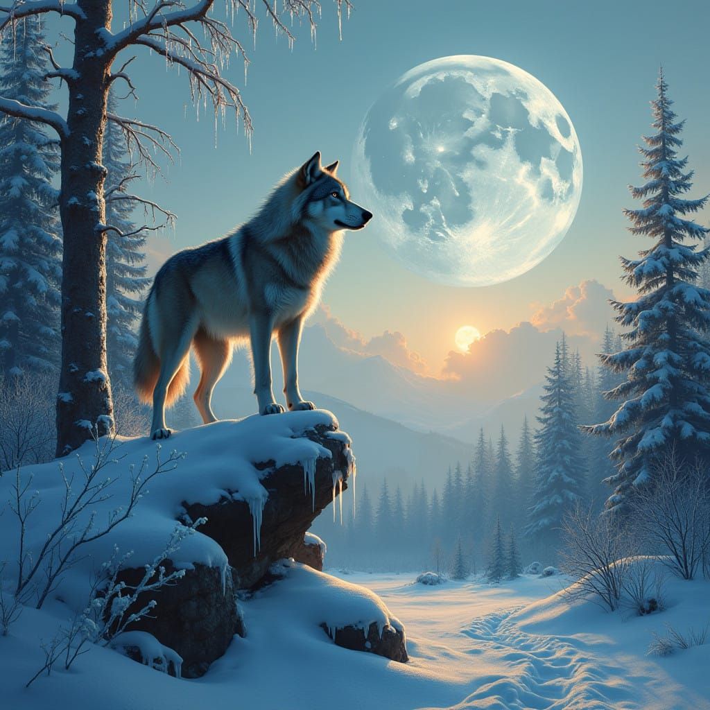 Silver Wolf Moon Over Frosty Forest in Realist Style