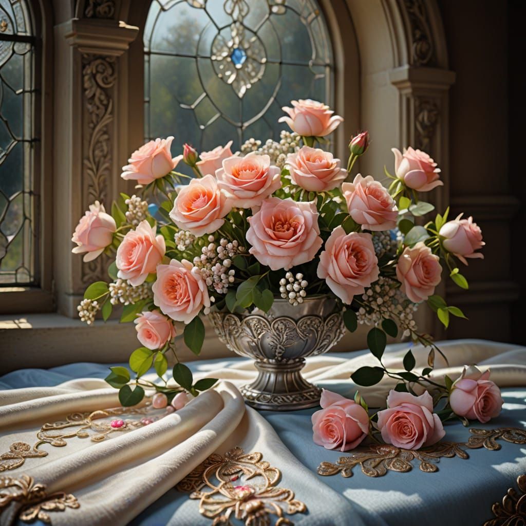 Baroque Still Life with Roses and Pearls in Warm Light
