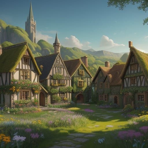 Medieval Garden Village in Fantasy Concept Art Style