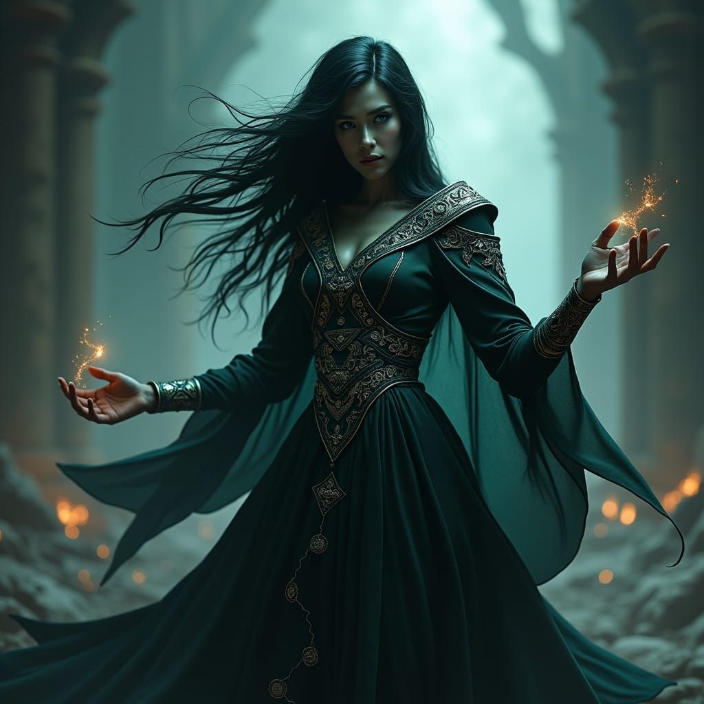 Drow Sorceress Casting Spell in Dungeons and Dragons Realm