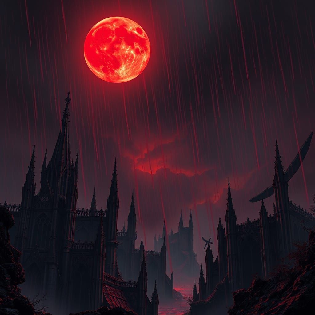 Ethereal Crimson Landscape in Gothic Splendor