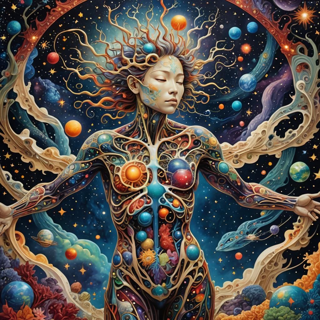 Cosmic Rebirth: Human Figure in Surreal Space