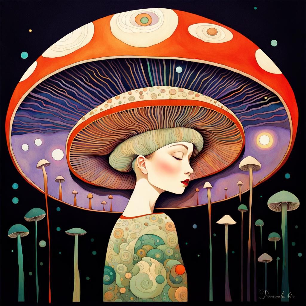 Aurora Mushroom with Ornate Moon in Dreamy Style