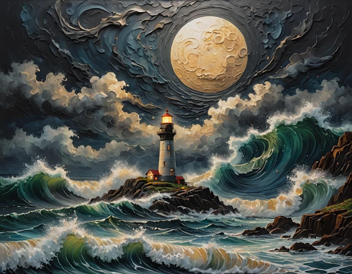 Lighthouse and Moonlit Waves: An Impasto Painting