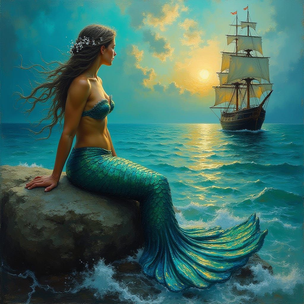 Twilight Mermaid Gazing at Distant Ship