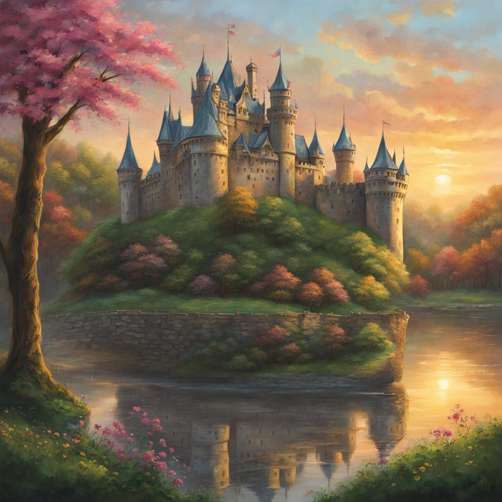 Castle in Spring Woods at Sunrise Oil Painting