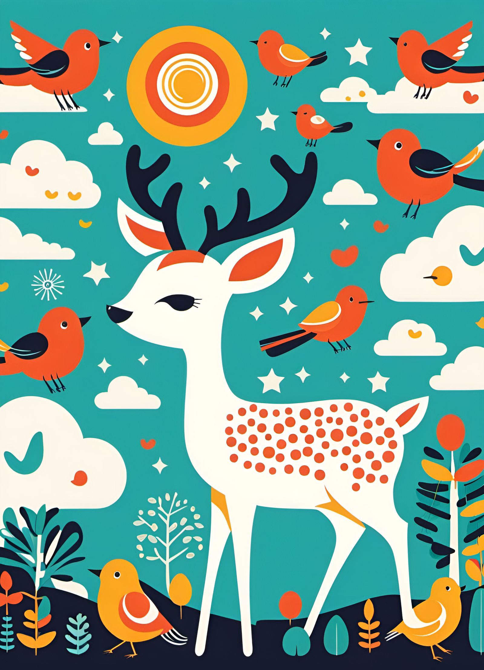 Whimsical Deer Illustration with Clouds and Birds