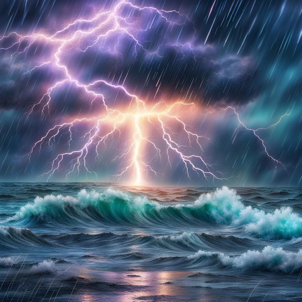 Detailed Stormy Ocean with Lightning