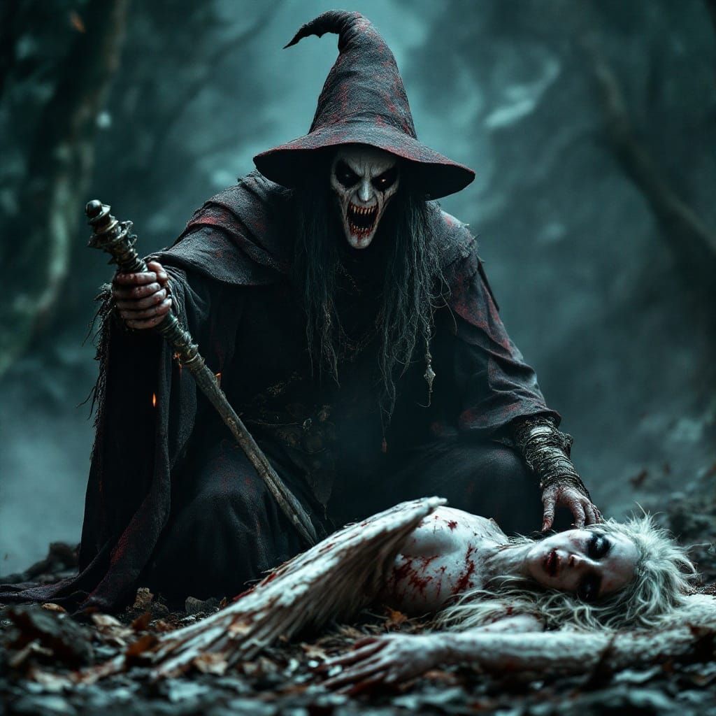 Dark Wizard Cradles Fallen Angel in Cinematic Horror Still